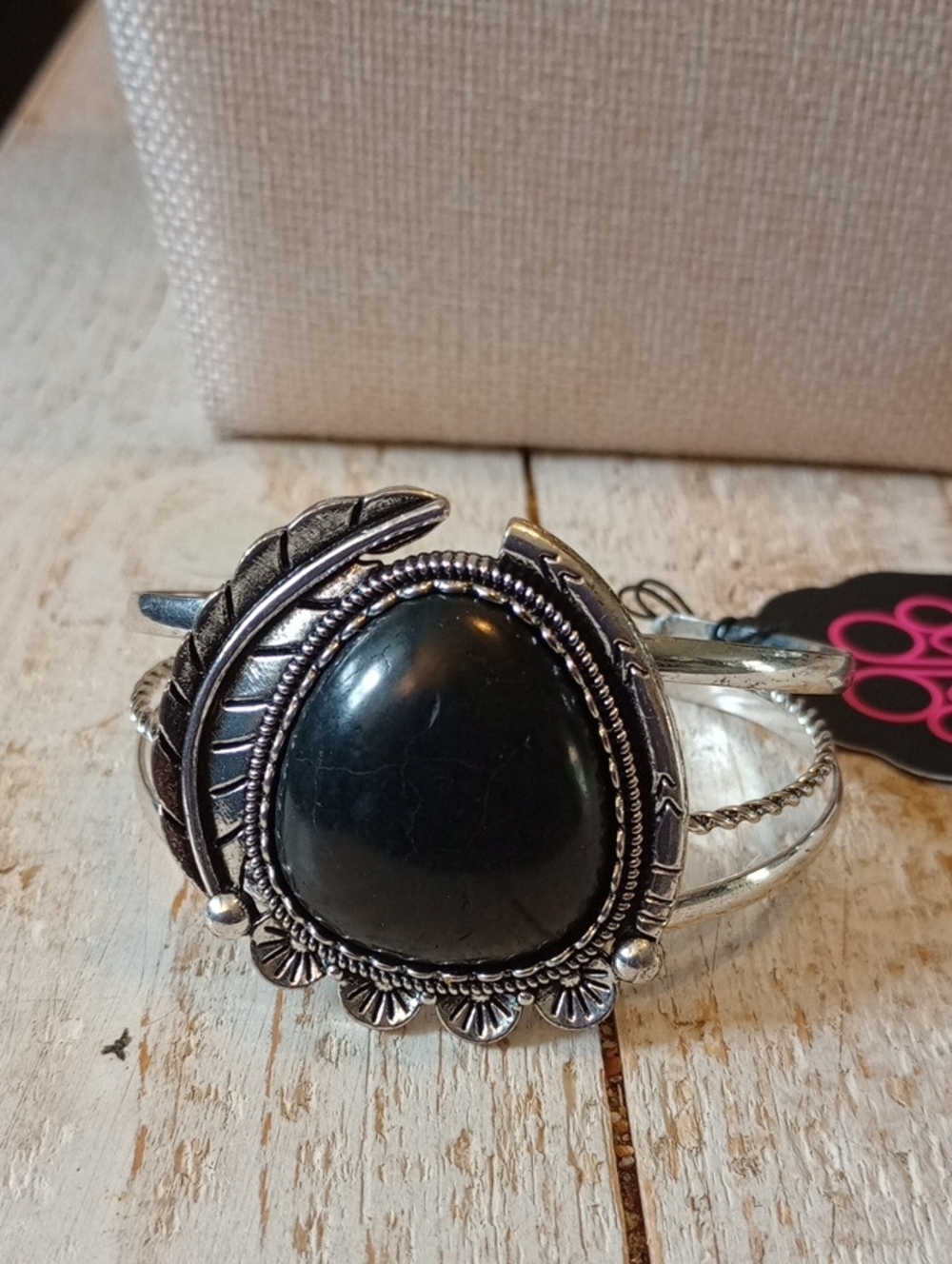 paparazzi Black Stone Silver-Tone Feather Cuff Bracelet